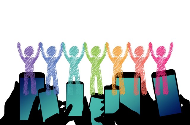 Illustratie van mobiele telefoons met mensen hand in hand
