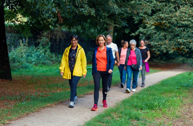Deelnemers wandeltraining wandelen over een pad