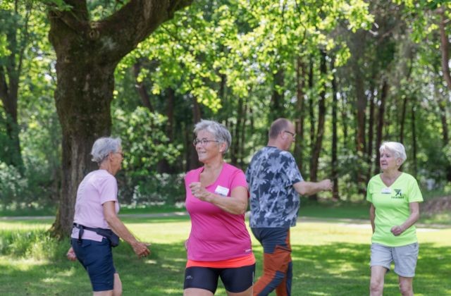 Vier wandelaars wandelen op een grasveld