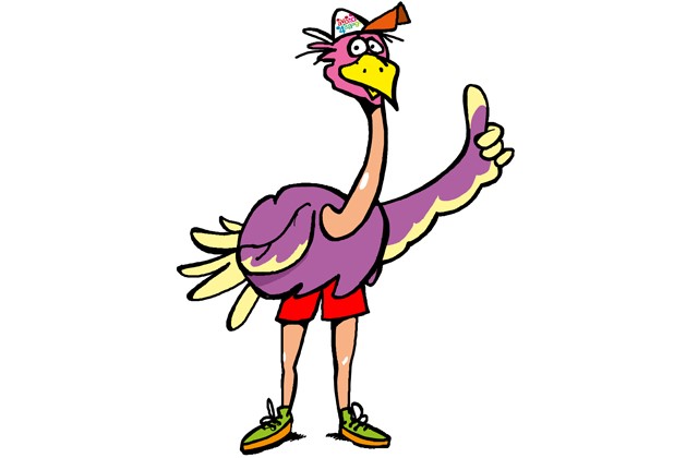 Avond4daagse mascotte struisvogel steekt duim op