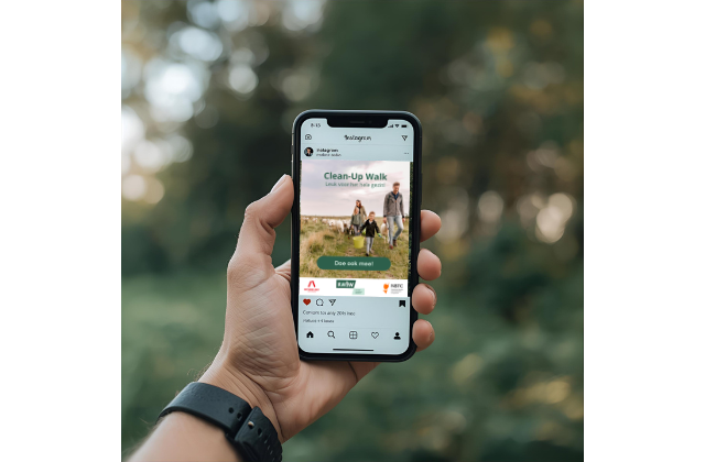 Hand met smartphone waarop een post van de Clean-Up Walk staat
