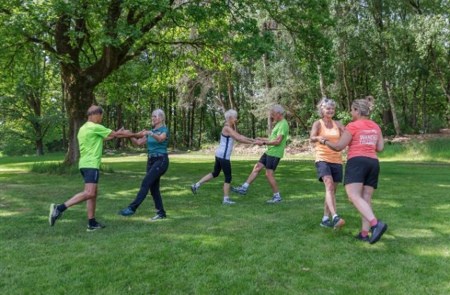 Groep deelnemers doet oefening onder leiding van een wandeltrainer