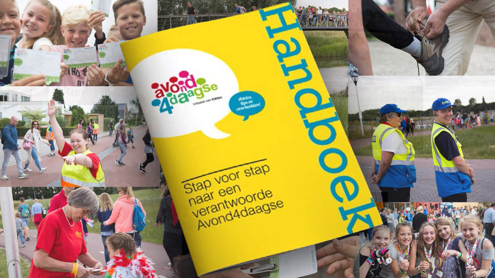 Afbeelding Handboek Avond4daagse met eronder diverse foto's van de Avond4daagse